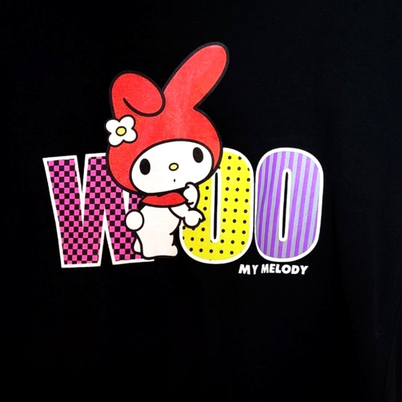 MY MELODY Woo Glitter Graphic Women's Black T-Shirt Sz Large Sanrio Hello Kitty - Picture 2 of 3